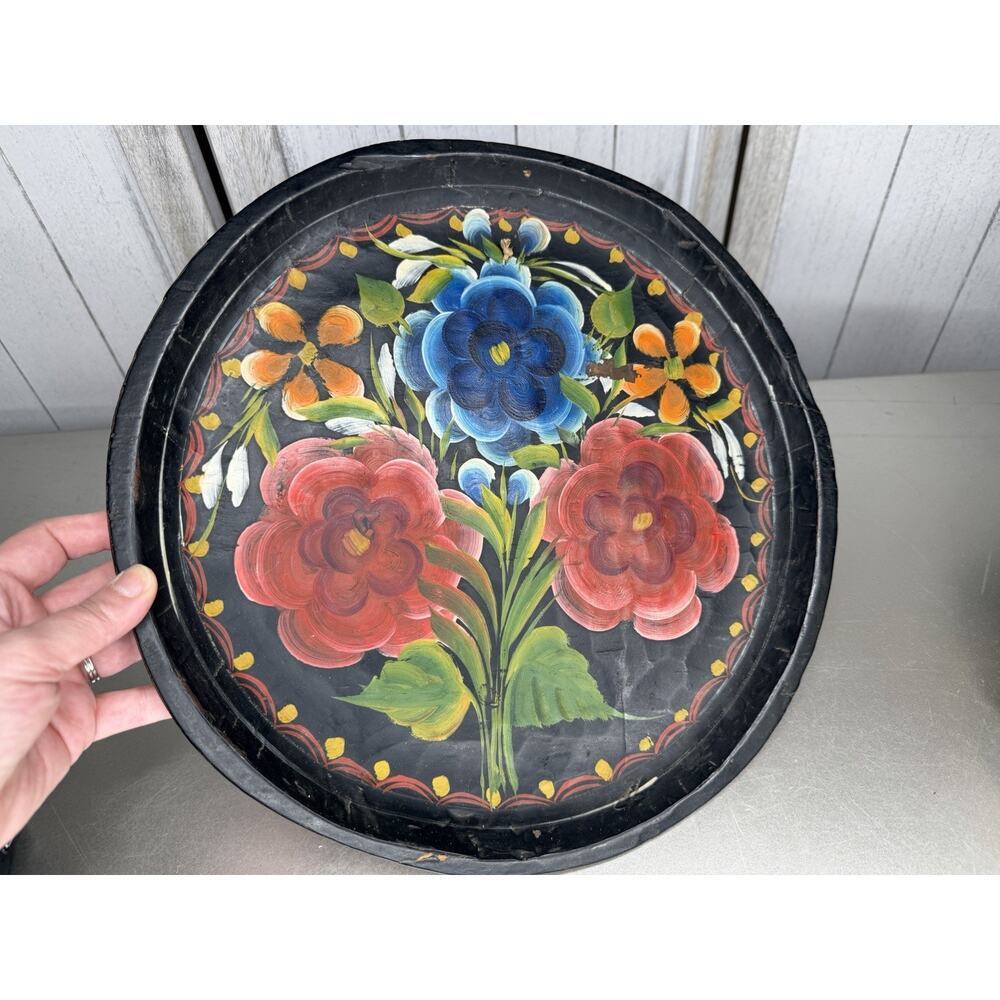 Vintage Hand Painted Floral Folk Art Mexican Batea Tole Wood Tray Plate 1940s